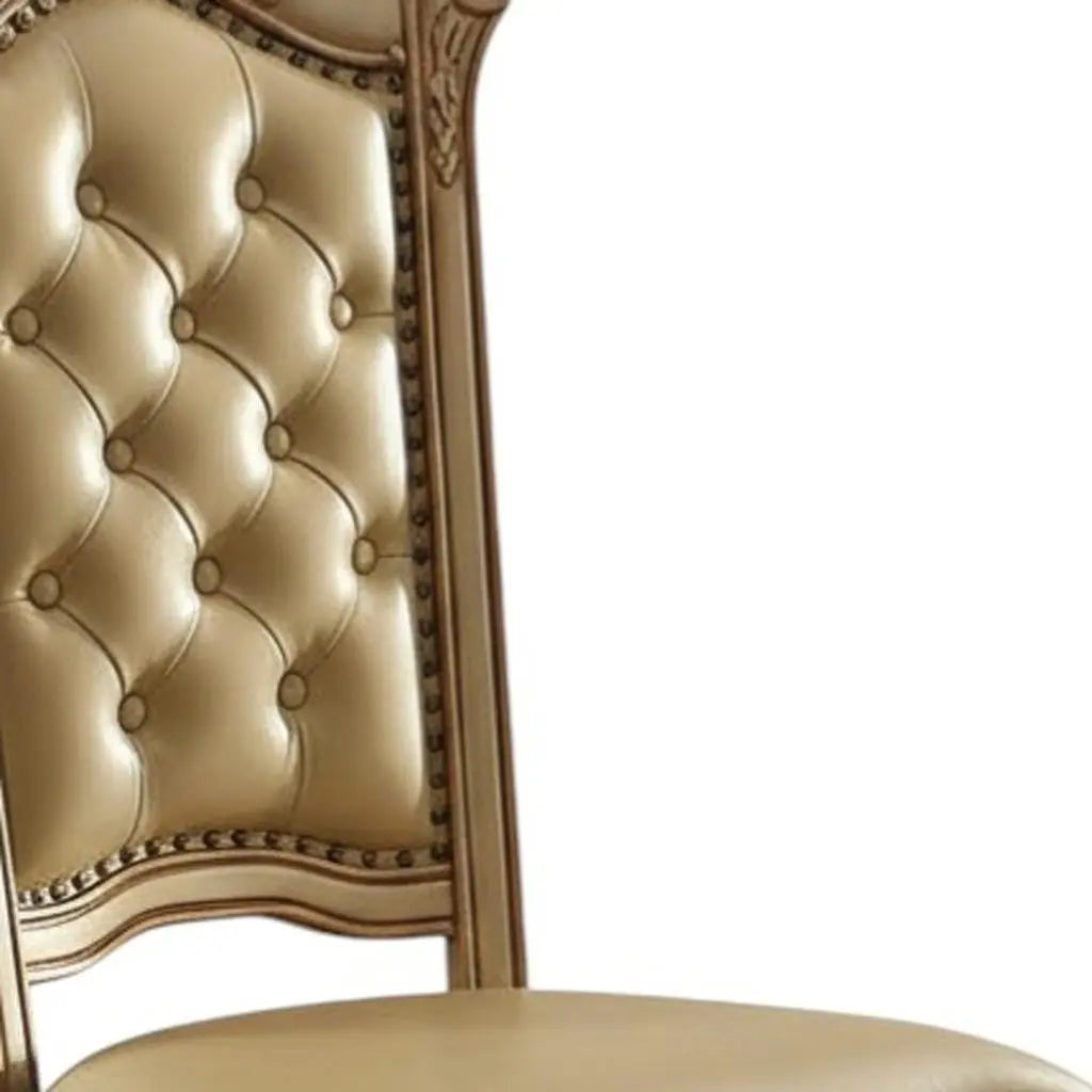Set of Two Tufted Bone and Brass Upholstered Faux Leather And Wood Dining Side Chairs Homeroots Kitchen & Dining