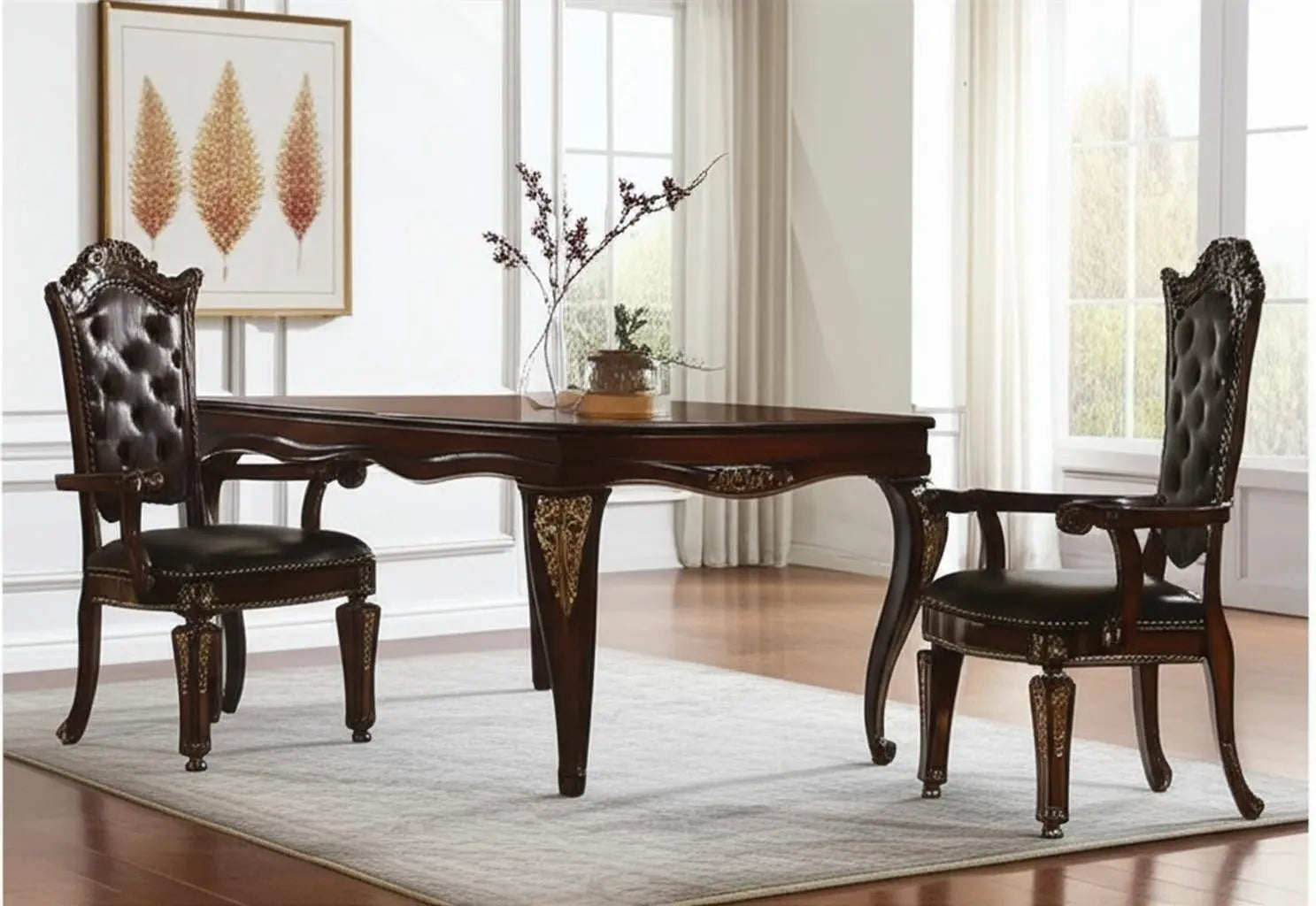 Set of Two Tufted Brown and Redwood Upholstered Faux Leather And Solid Wood Dining Arm Chairs Homeroots Kitchen & Dining