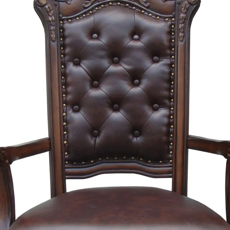 Set of Two Tufted Brown and Redwood Upholstered Faux Leather And Solid Wood Dining Arm Chairs Homeroots Kitchen & Dining