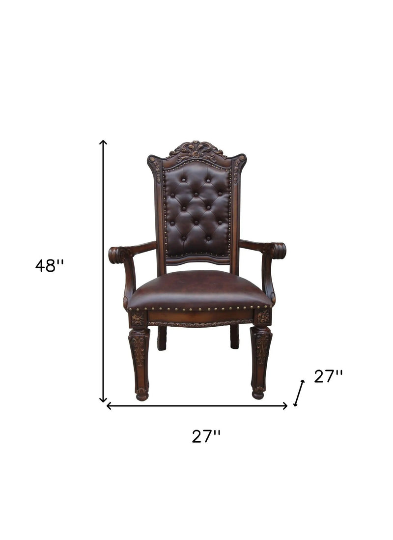 Set of Two Tufted Brown and Redwood Upholstered Faux Leather And Solid Wood Dining Arm Chairs Homeroots Kitchen & Dining