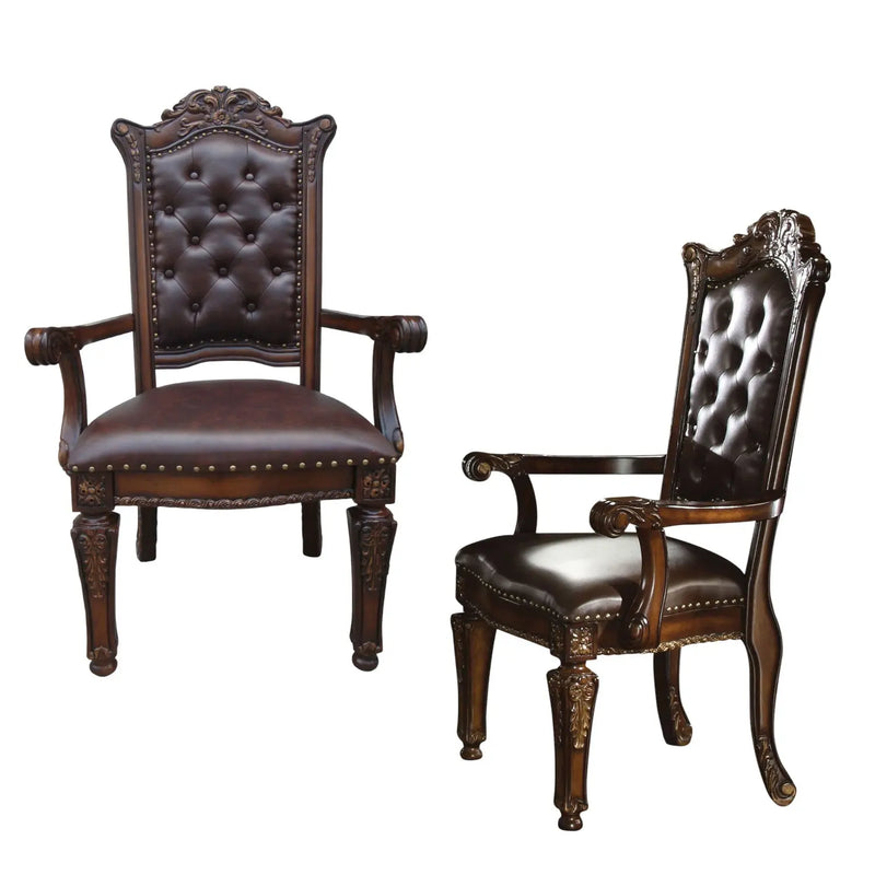 Set of Two Tufted Brown and Redwood Upholstered Faux Leather And Solid Wood Dining Arm Chairs Homeroots Kitchen & Dining