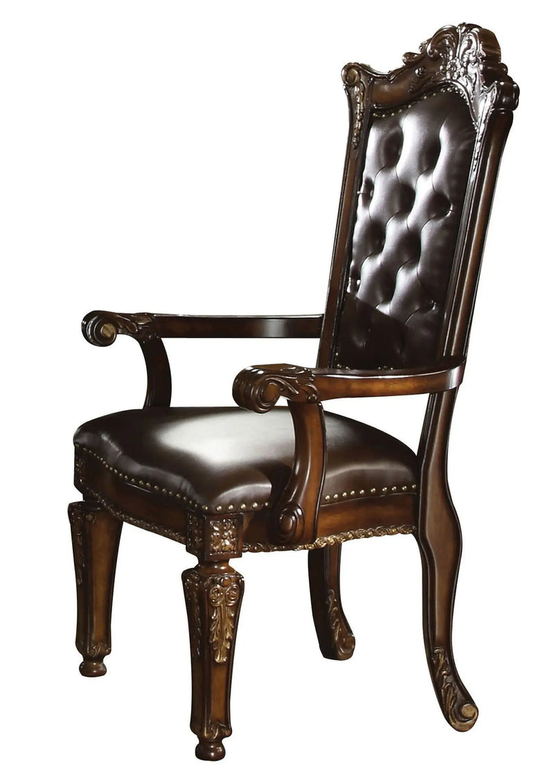 Set of Two Tufted Brown and Redwood Upholstered Faux Leather And Solid Wood Dining Arm Chairs Homeroots Kitchen & Dining
