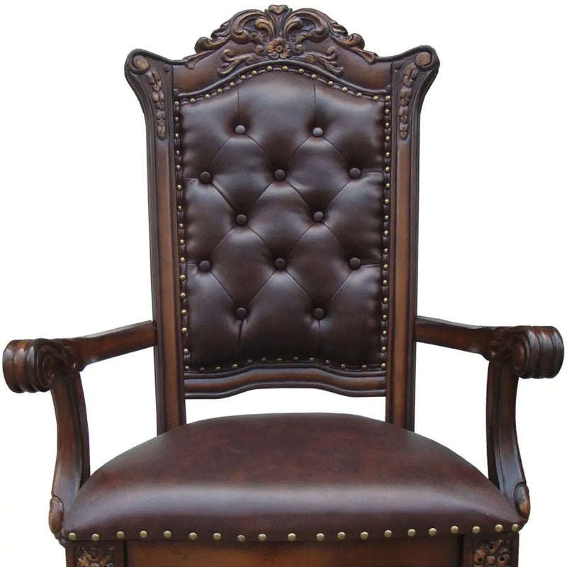 Set of Two Tufted Brown and Redwood Upholstered Faux Leather And Solid Wood Dining Arm Chairs Homeroots Kitchen & Dining