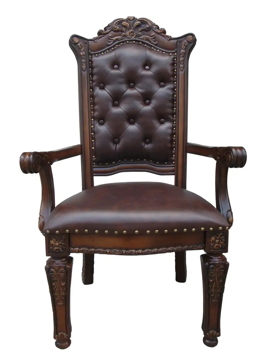 Set of Two Tufted Brown and Redwood Upholstered Faux Leather And Solid Wood Dining Arm Chairs Homeroots Kitchen & Dining