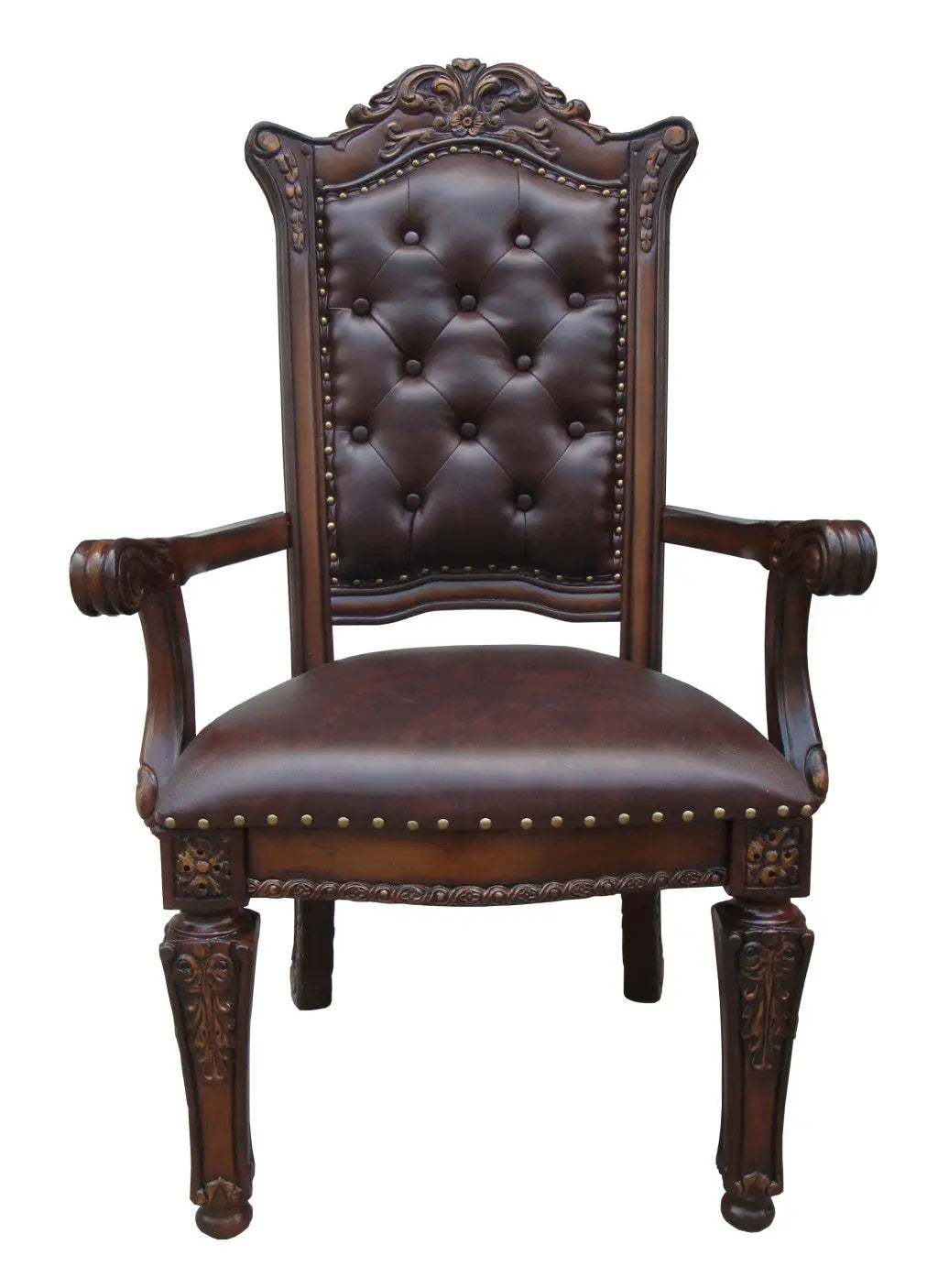 Set of Two Tufted Brown and Redwood Upholstered Faux Leather And Solid Wood Dining Arm Chairs Homeroots Kitchen & Dining