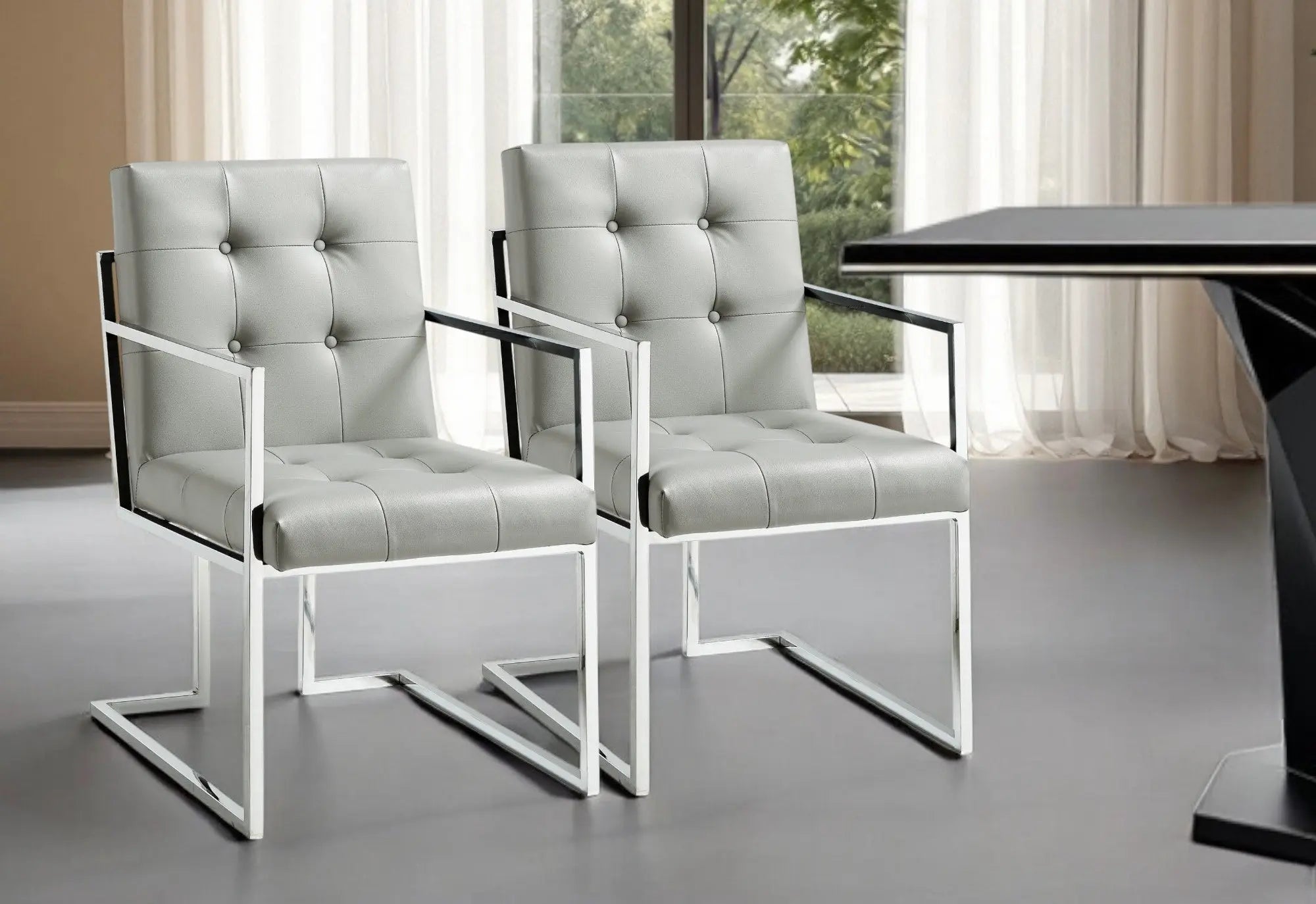Set of Two Tufted Light Gray and Silver Metallic Upholstered Faux Leather Dining Arm Chairs Homeroots Kitchen & Dining