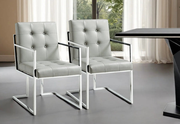Set of Two Tufted Light Gray and Silver Metallic Upholstered Faux Leather Dining Arm Chairs Homeroots Kitchen & Dining