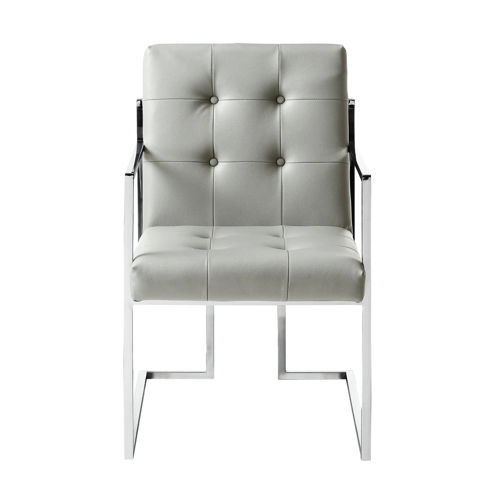 Set of Two Tufted Light Gray and Silver Metallic Upholstered Faux Leather Dining Arm Chairs Homeroots Kitchen & Dining