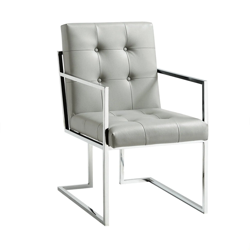 Set of Two Tufted Light Gray and Silver Metallic Upholstered Faux Leather Dining Arm Chairs Homeroots Kitchen & Dining