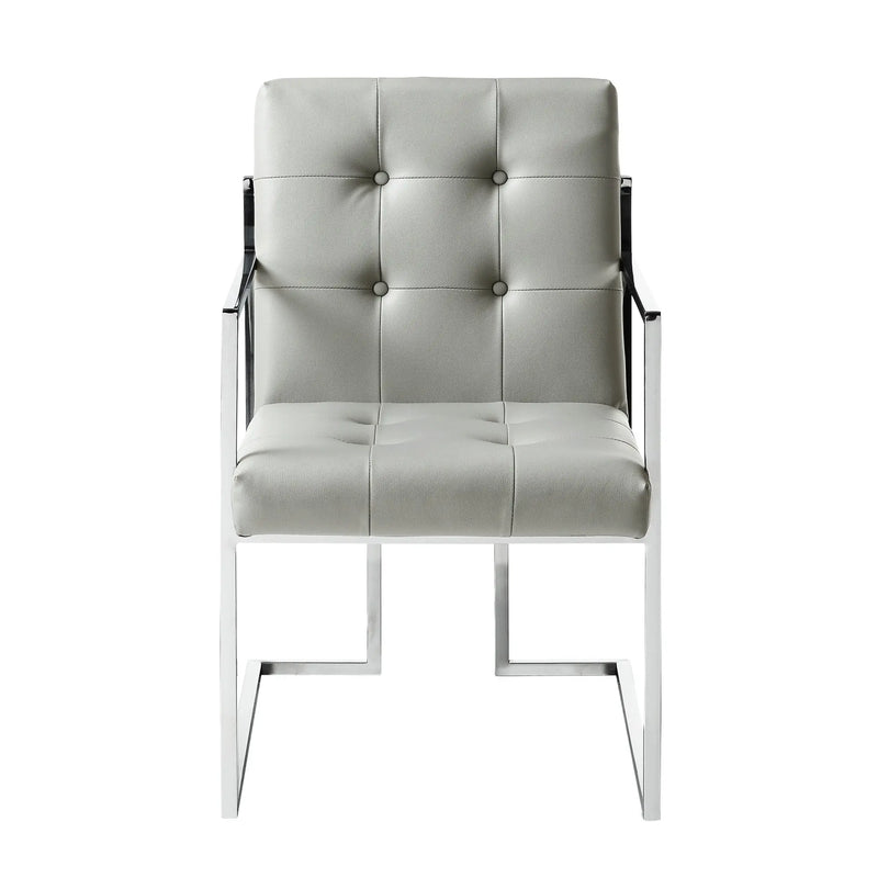 Set of Two Tufted Light Gray and Silver Metallic Upholstered Faux Leather Dining Arm Chairs Homeroots Kitchen & Dining