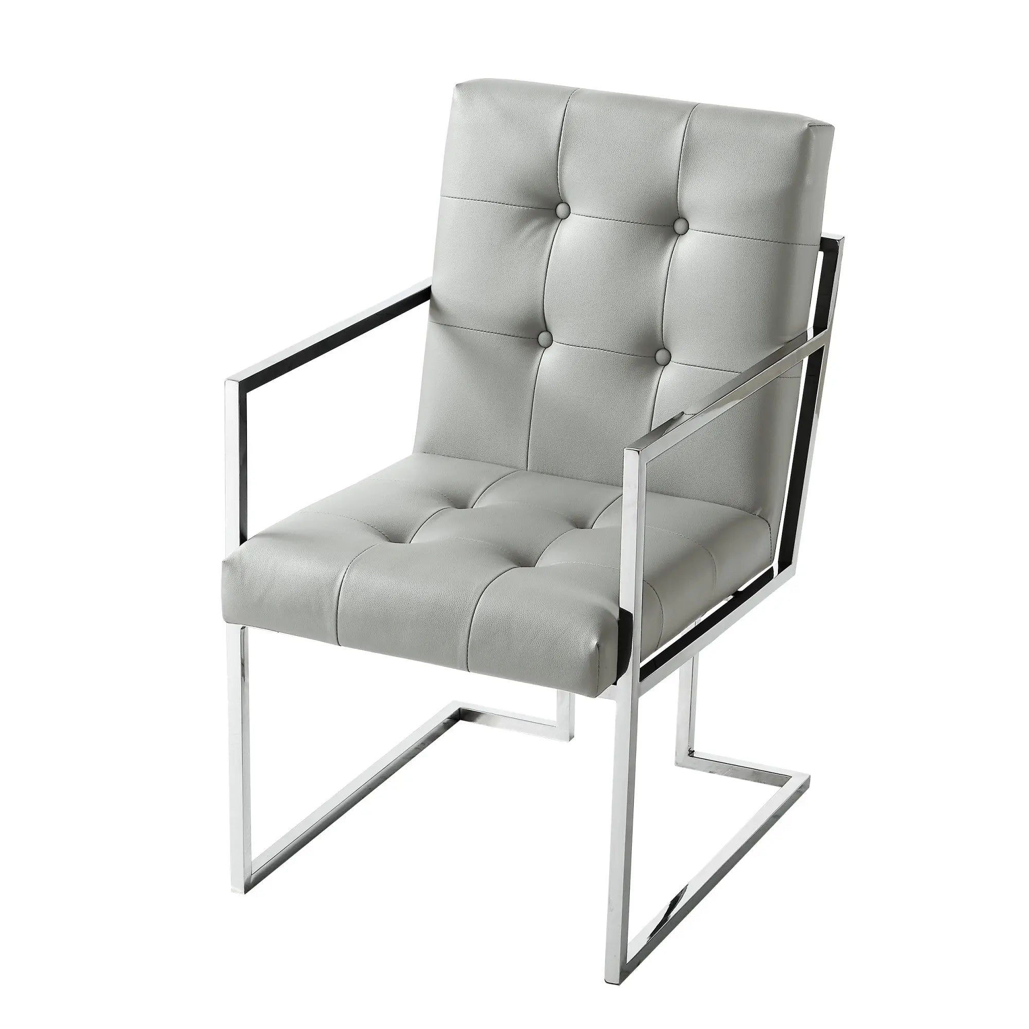 Set of Two Tufted Light Gray and Silver Metallic Upholstered Faux Leather Dining Arm Chairs Homeroots Kitchen & Dining