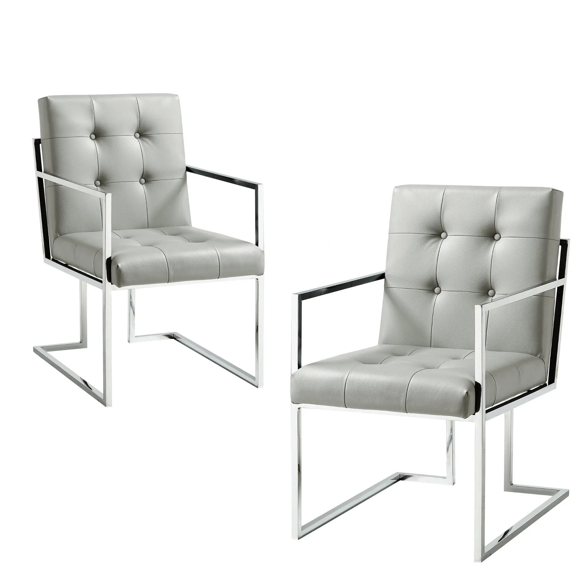 Set of Two Tufted Light Gray and Silver Metallic Upholstered Faux Leather Dining Arm Chairs Homeroots Kitchen & Dining
