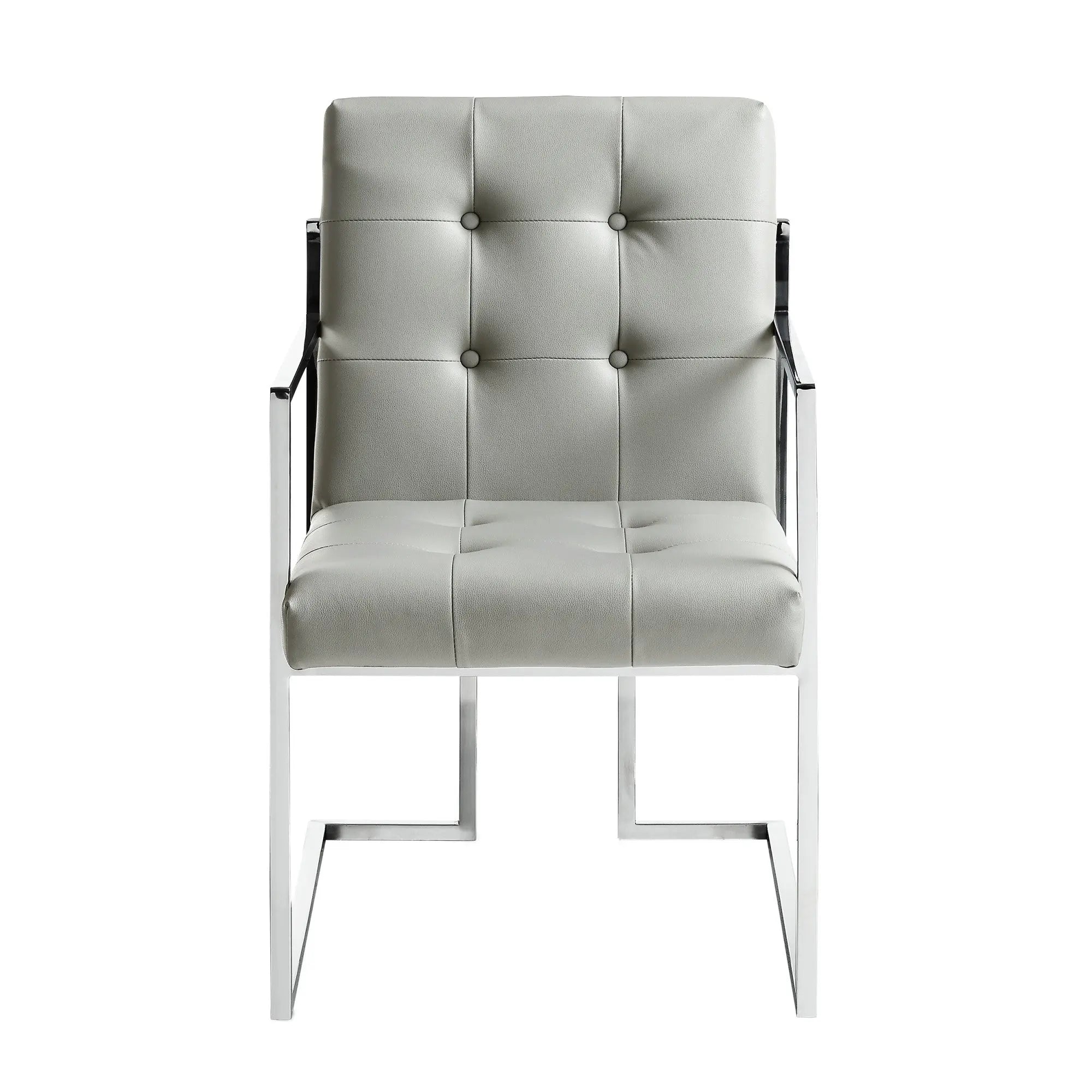 Set of Two Tufted Light Gray and Silver Metallic Upholstered Faux Leather Dining Arm Chairs Homeroots Kitchen & Dining