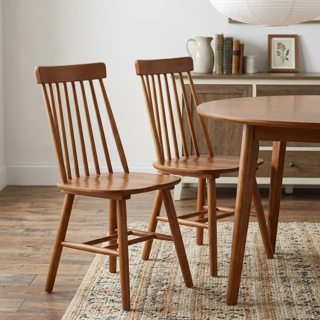 Set of Two Walnut Solid Wood Windsor Back Dining Side Chairs Homeroots Kitchen & Dining