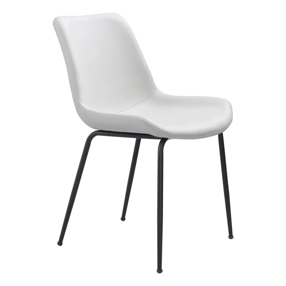 Modern white molded plastic chair with sleek black metal legs, perfect for dining or office use.