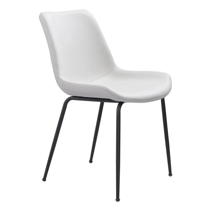 Modern white molded plastic chair with sleek black metal legs, perfect for dining or office use.