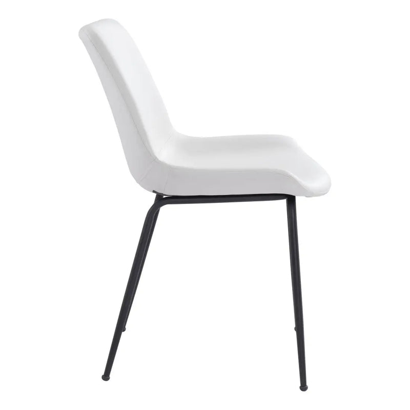 Modern white faux leather dining chair with sleek black metal legs, perfect for contemporary spaces.