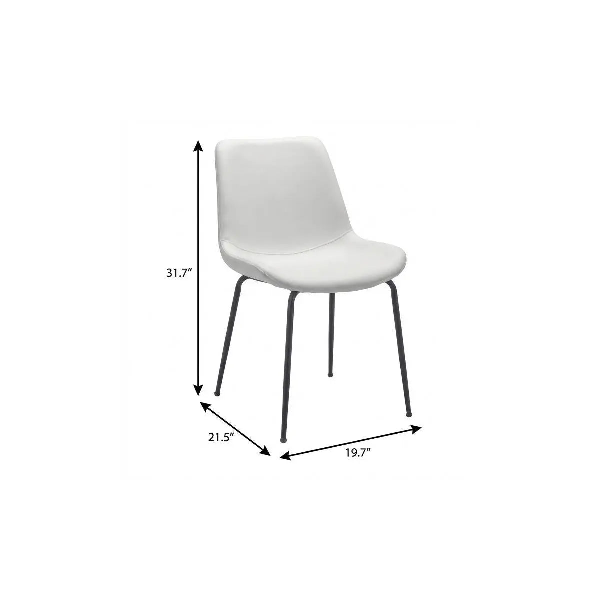Modern white plastic dining chair with sleek metal legs, measuring 31.7" high, 21.5" wide, and 19.7" deep.