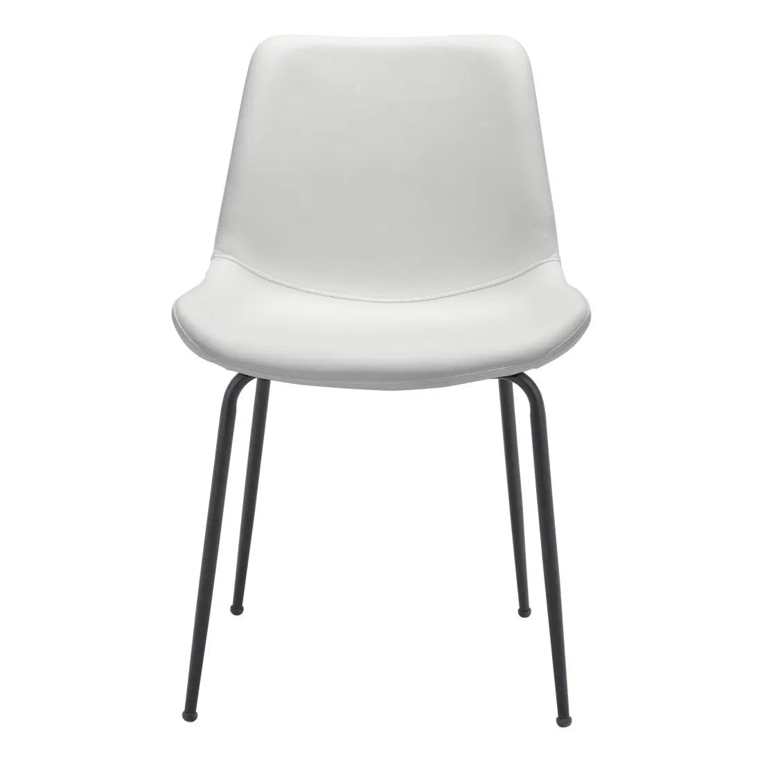 Stylish white faux leather dining chair with black metal legs, perfect for modern home decor.
