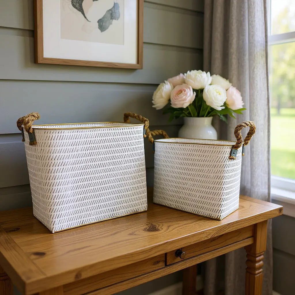 Set of Two White Metal Basket Homeroots Office