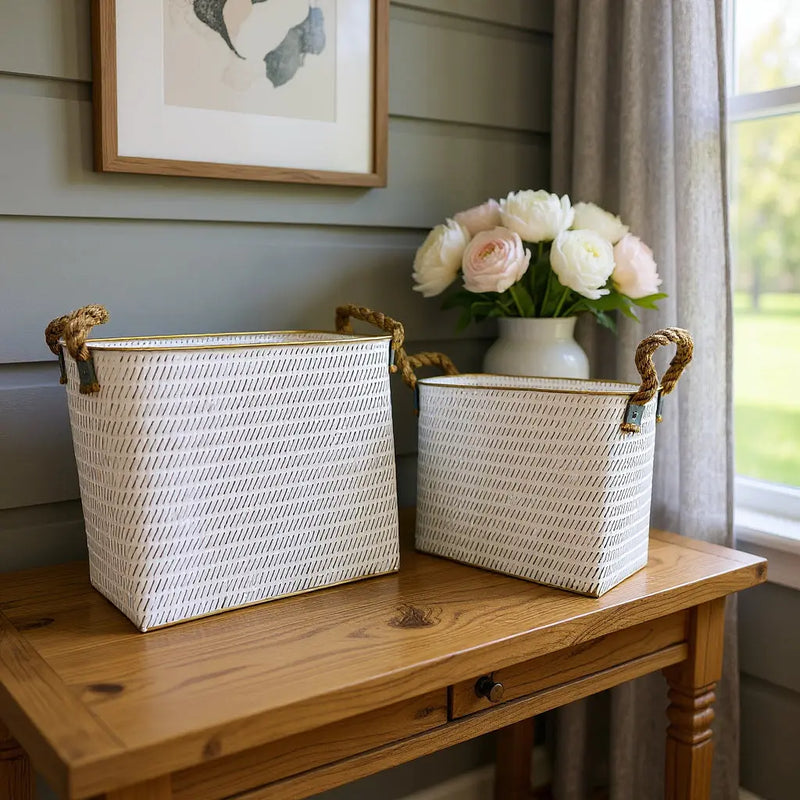 Set of Two White Metal Basket Homeroots Office