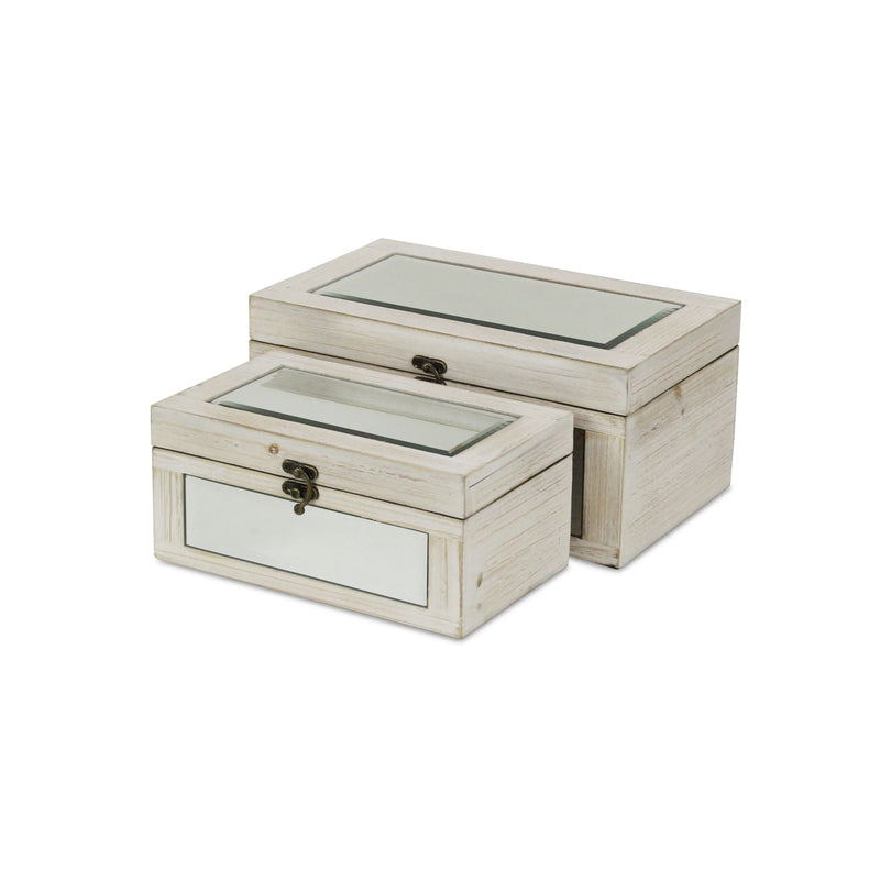 Set of Two White Nesting Wood And Mirrored Glass Organizing Box With Lid Homeroots Office