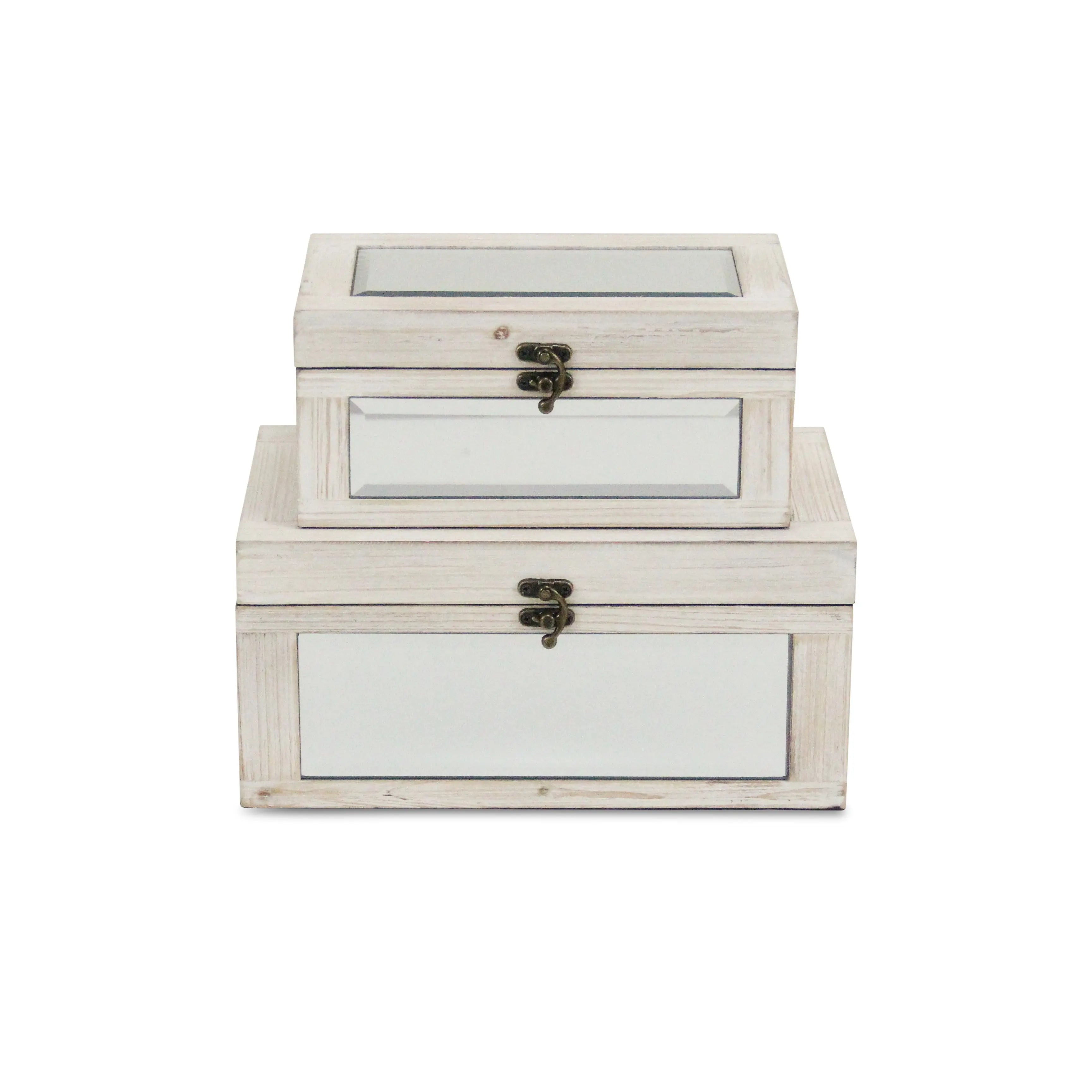 Set of Two White Nesting Wood And Mirrored Glass Organizing Box With Lid Homeroots Office
