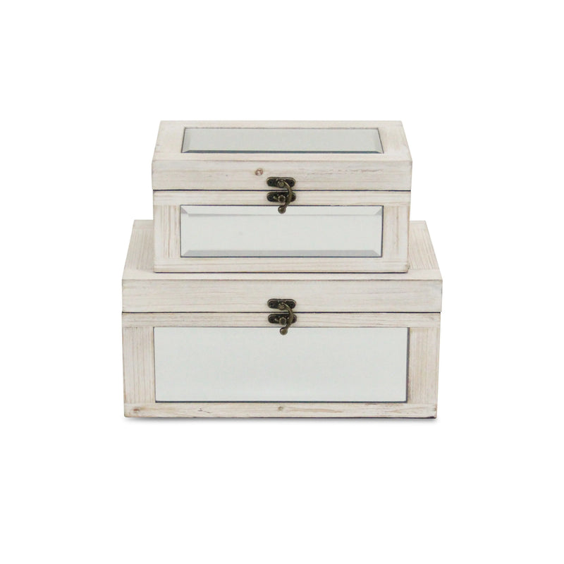 Set of Two White Nesting Wood And Mirrored Glass Organizing Box With Lid Homeroots Office