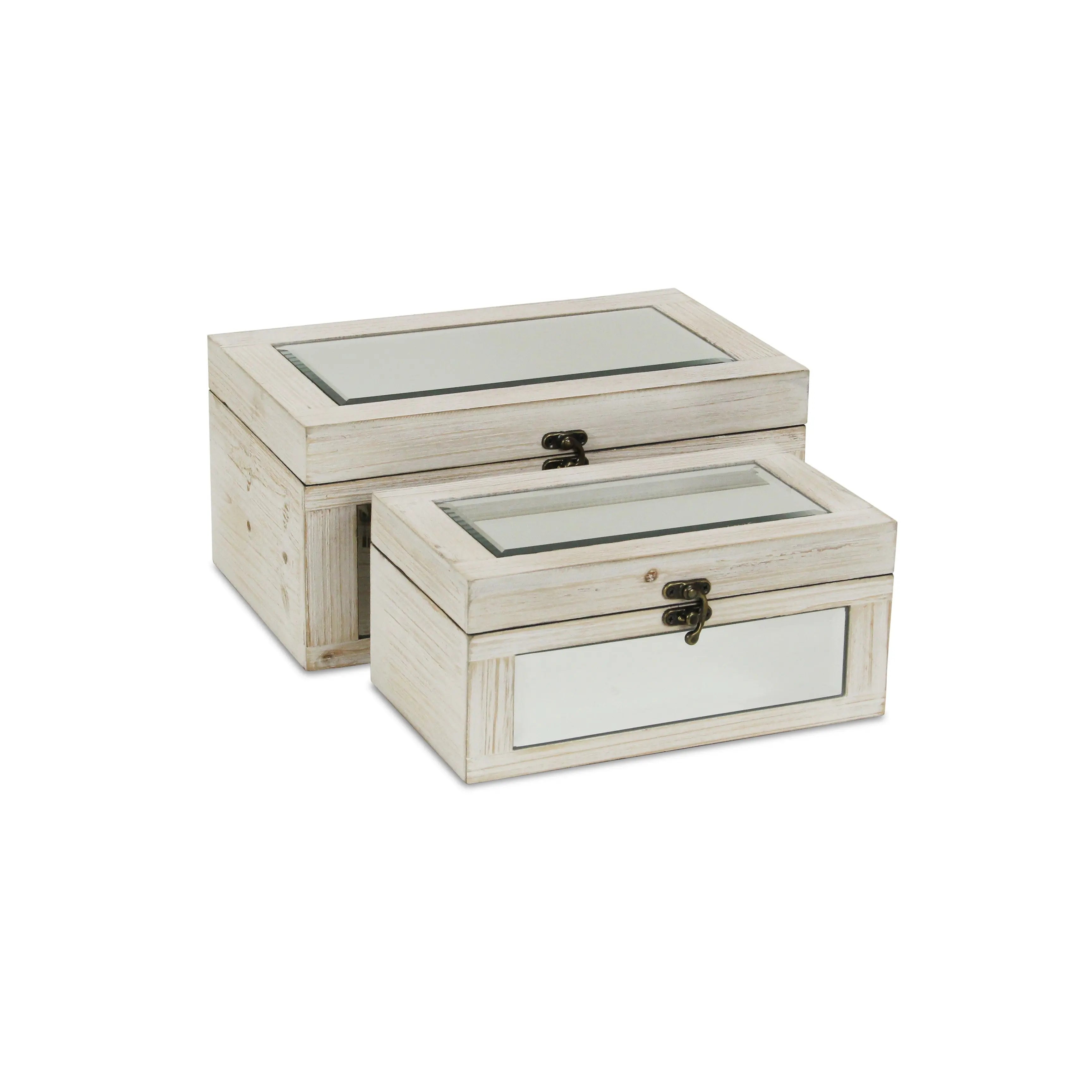 Set of Two White Nesting Wood And Mirrored Glass Organizing Box With Lid Homeroots Office