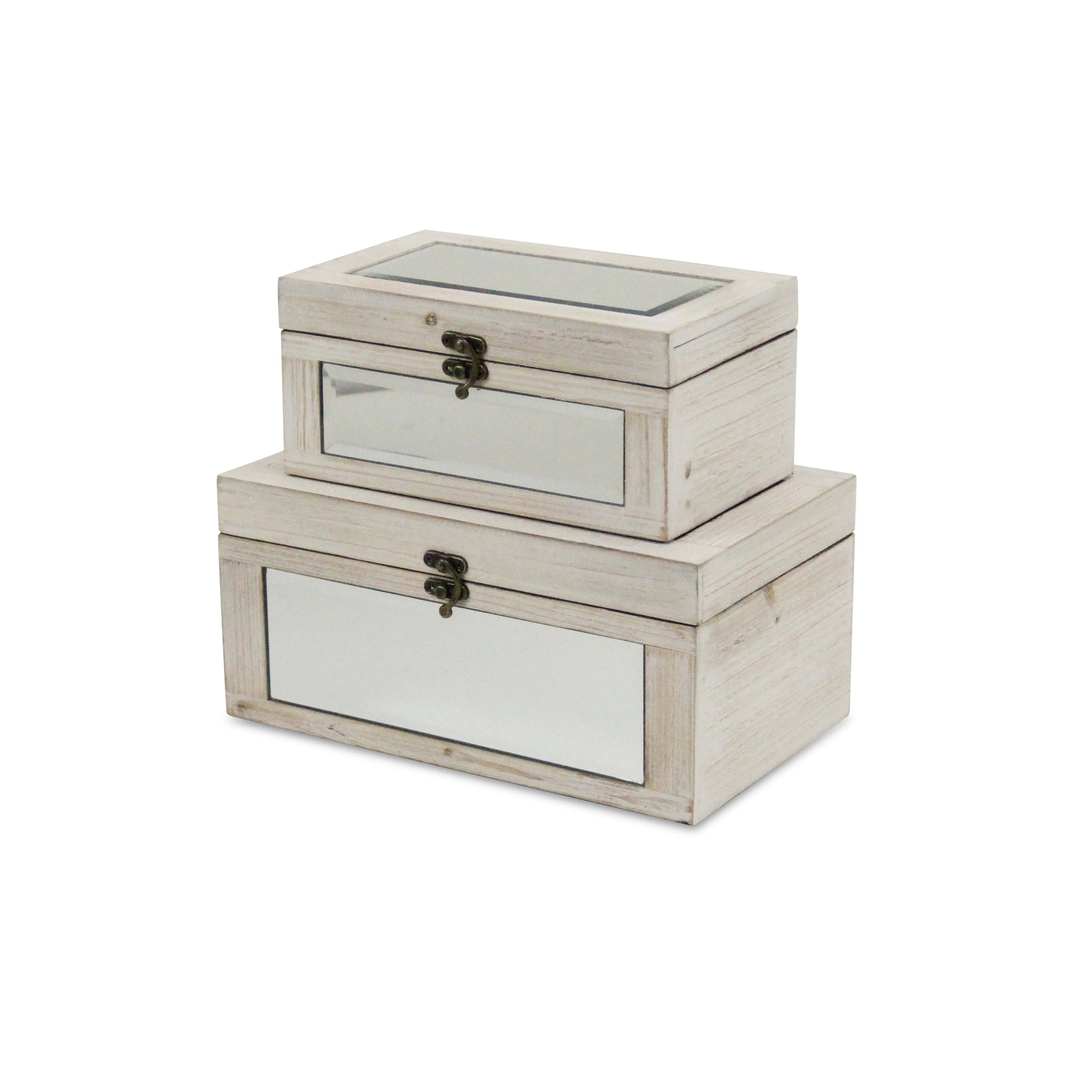 Set of Two White Nesting Wood And Mirrored Glass Organizing Box With Lid Homeroots Office