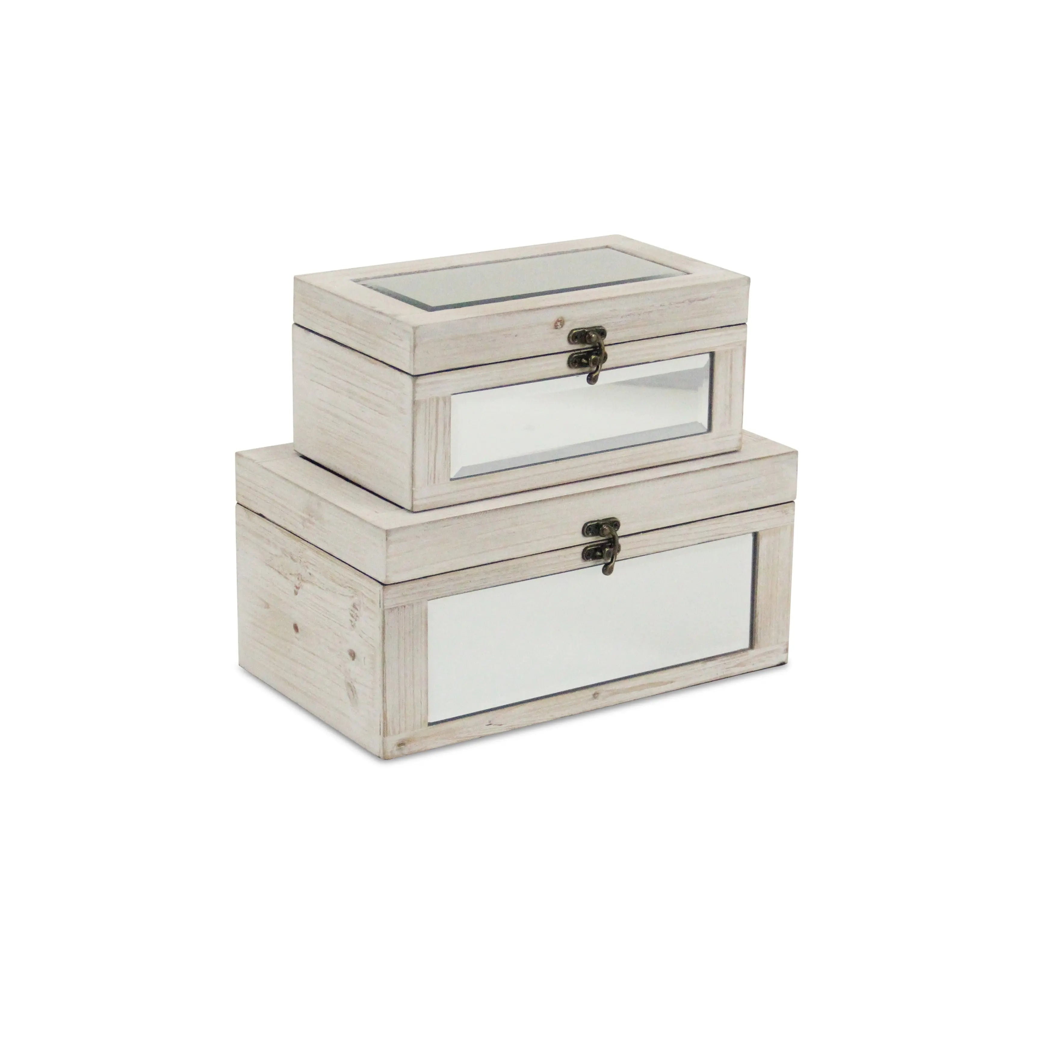 Set of Two White Nesting Wood And Mirrored Glass Organizing Box With Lid Homeroots Office