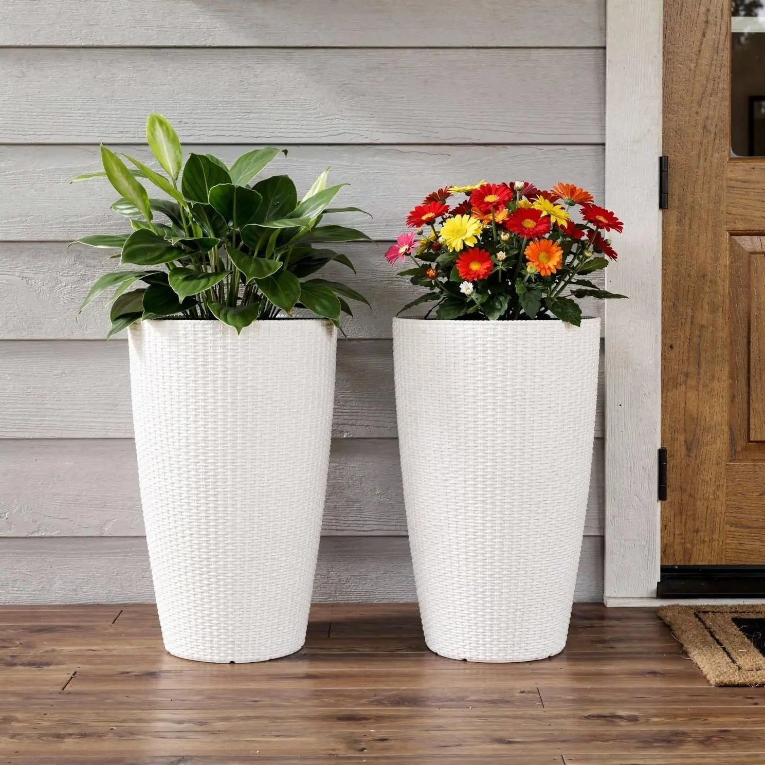 Set of Two White Recycled Plastic Round Self Watering Planter Box Homeroots Outdoor
