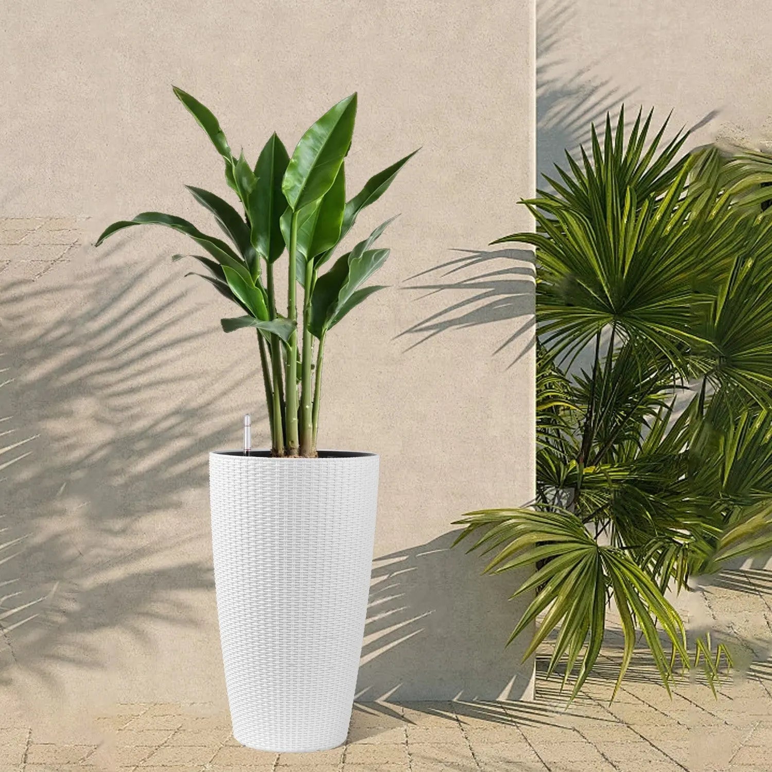 Set of Two White Recycled Plastic Round Self Watering Planter Box Homeroots Outdoor