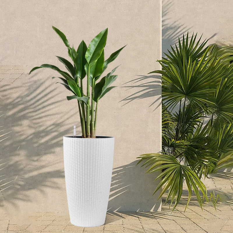 Set of Two White Recycled Plastic Round Self Watering Planter Box Homeroots Outdoor