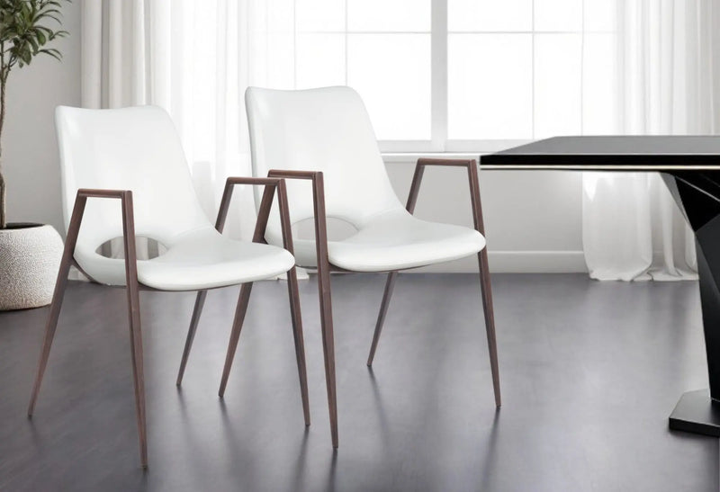 Set of Two White and Brown Upholstered Faux Leather Open Back Dining Arm Chairs Homeroots Kitchen & Dining