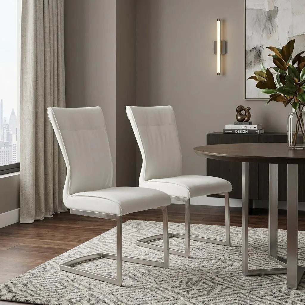 Set of Two White and Silver Faux Leather Dining Side Chairs Homeroots Kitchen & Dining