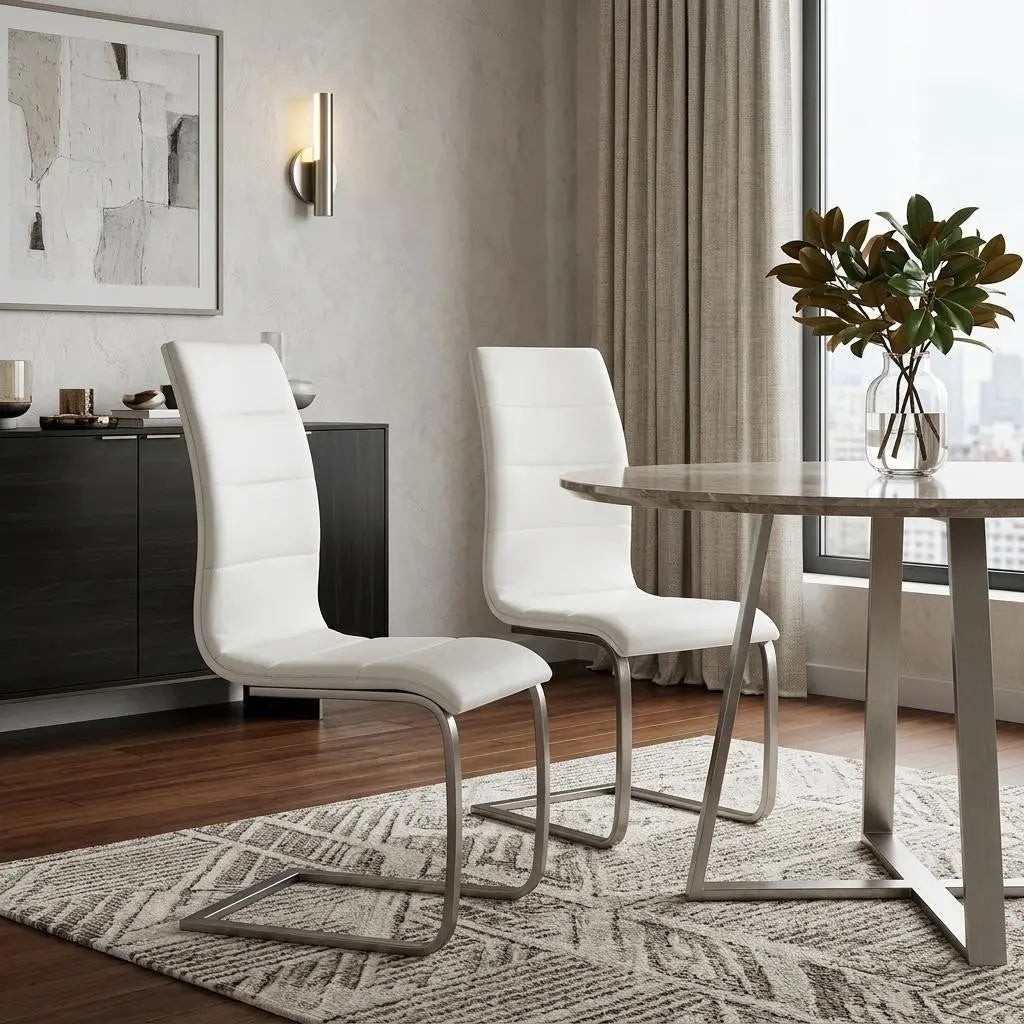 Set of Two White and Silver Faux Leather Dining Side Chairs Homeroots Kitchen & Dining