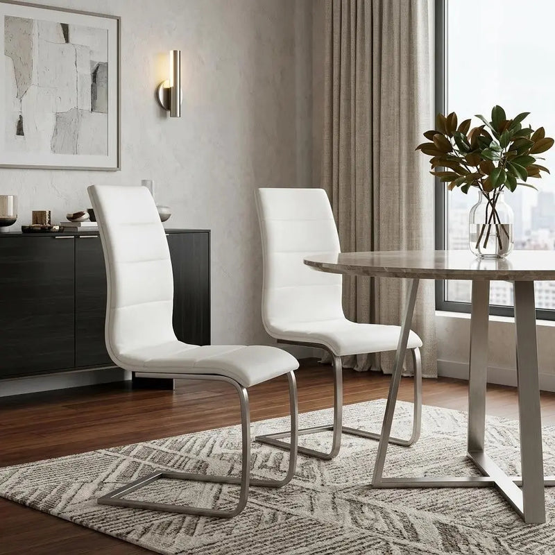 Set of Two White and Silver Faux Leather Dining Side Chairs Homeroots Kitchen & Dining