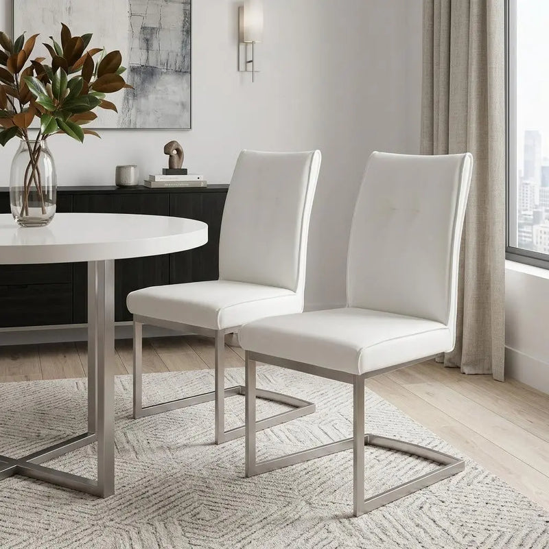 Set of Two White and Silver Faux Leather Dining Side Chairs Homeroots Kitchen & Dining