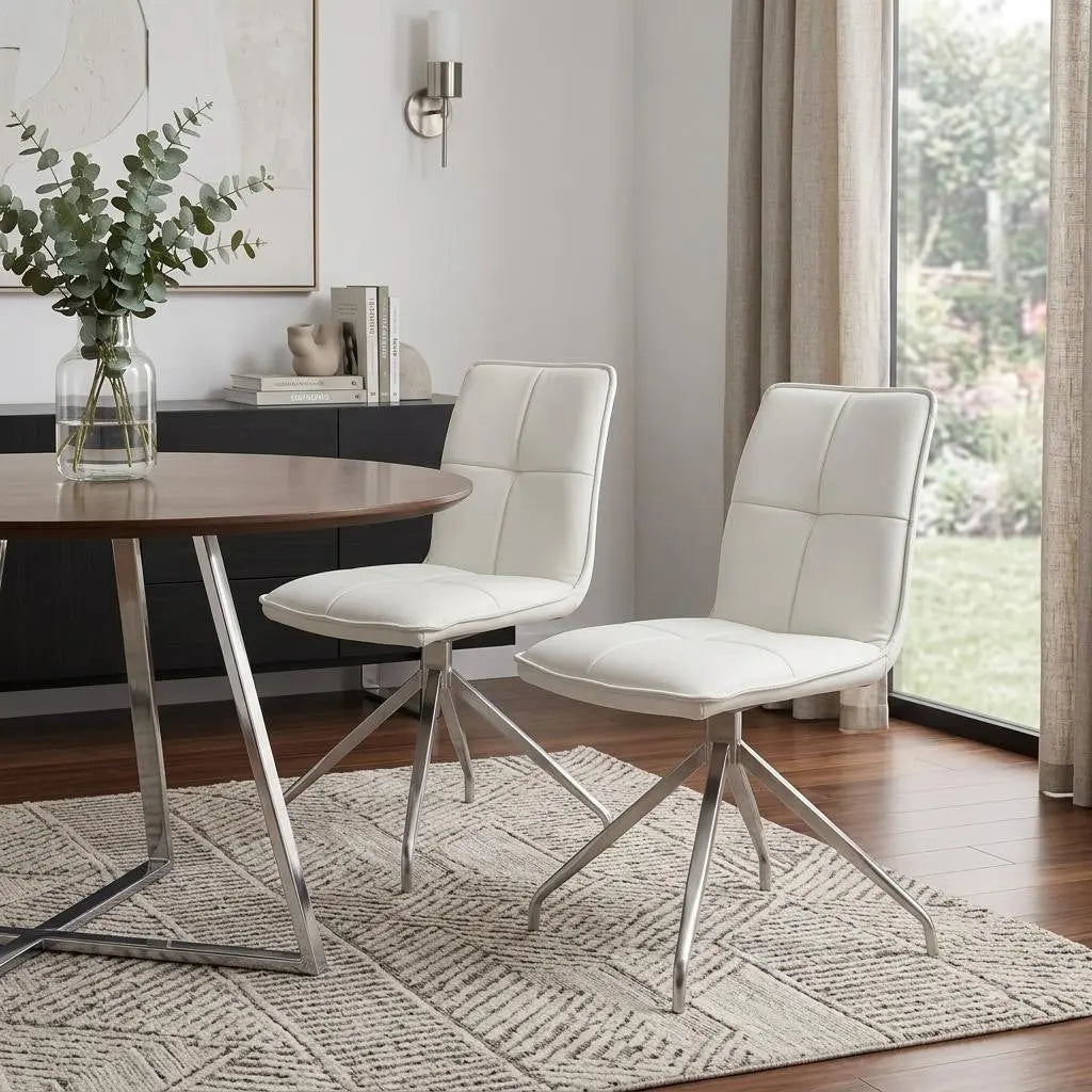 Set of Two White and Silver Faux Leather Swivel Dining Side Chairs Homeroots Kitchen & Dining