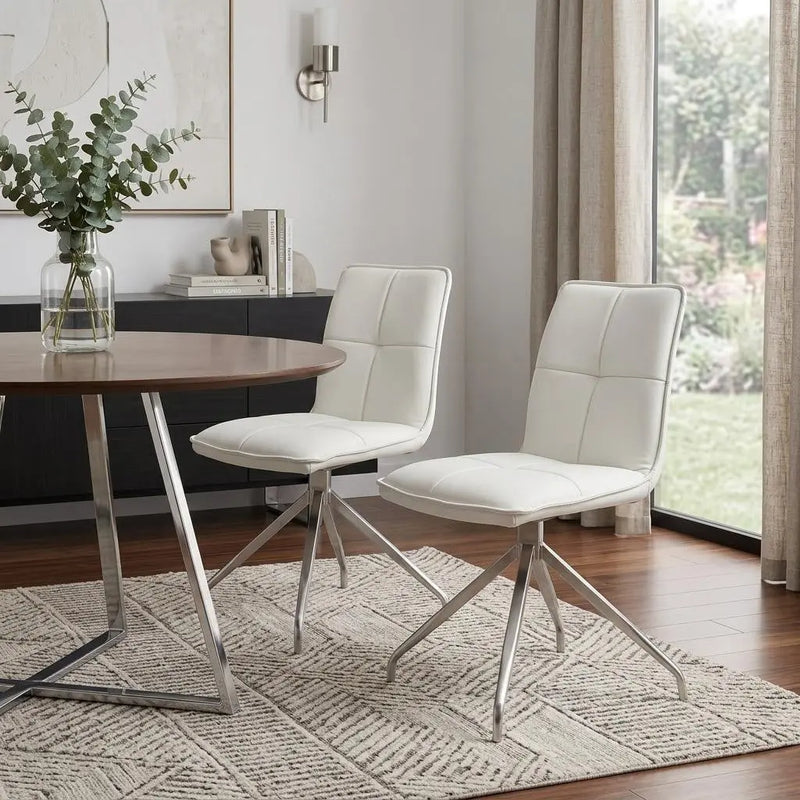 Set of Two White and Silver Faux Leather Swivel Dining Side Chairs Homeroots Kitchen & Dining