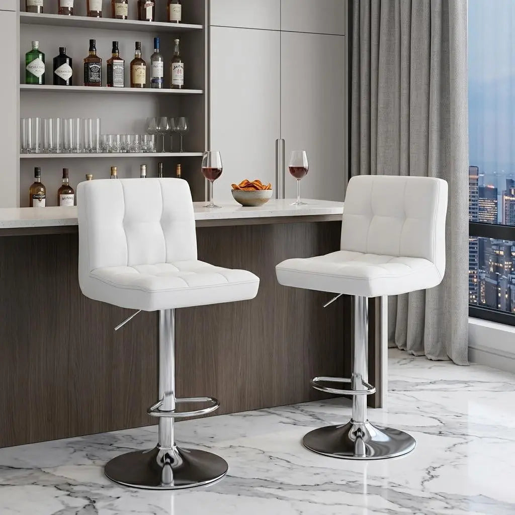 Set of Two White and Silver Faux Leather and Aluminum Adjustable Height Swivel Bar Chairs Homeroots Living Room
