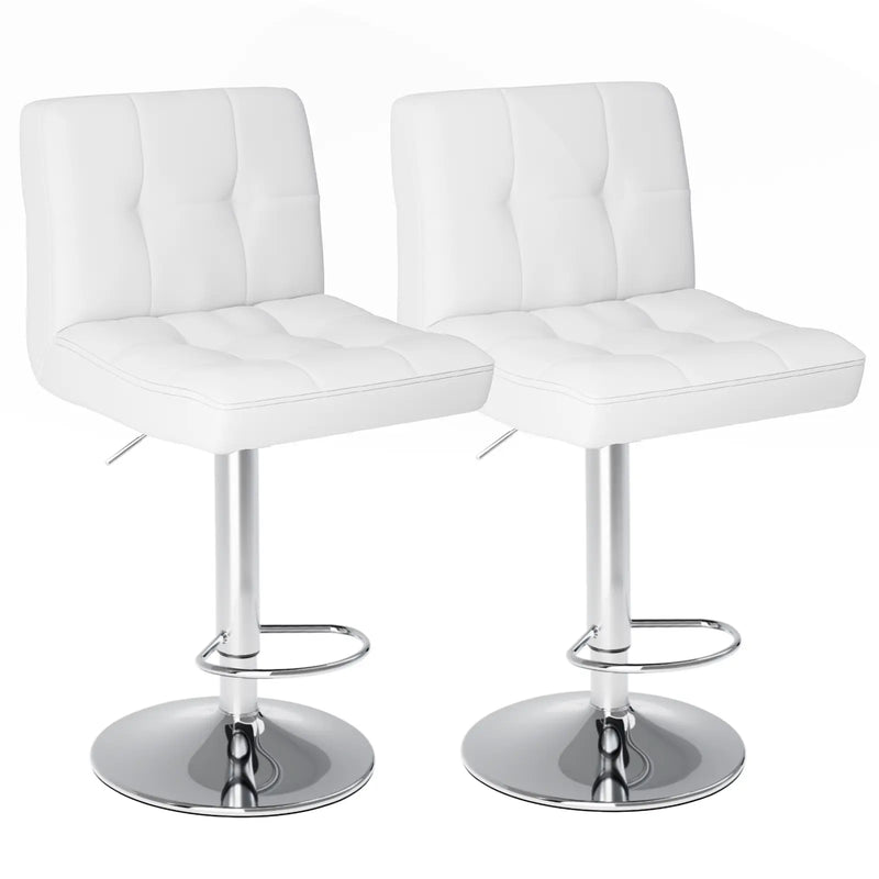 Set of Two White and Silver Faux Leather and Aluminum Adjustable Height Swivel Bar Chairs Homeroots Living Room