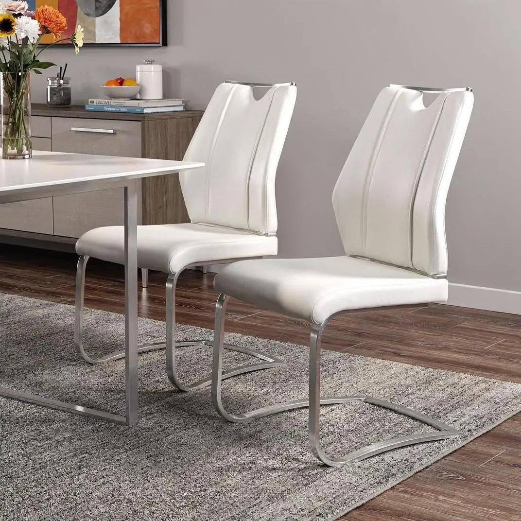 Set of Two White and Silver Upholstered Leather Dining Side Chairs Homeroots Kitchen & Dining