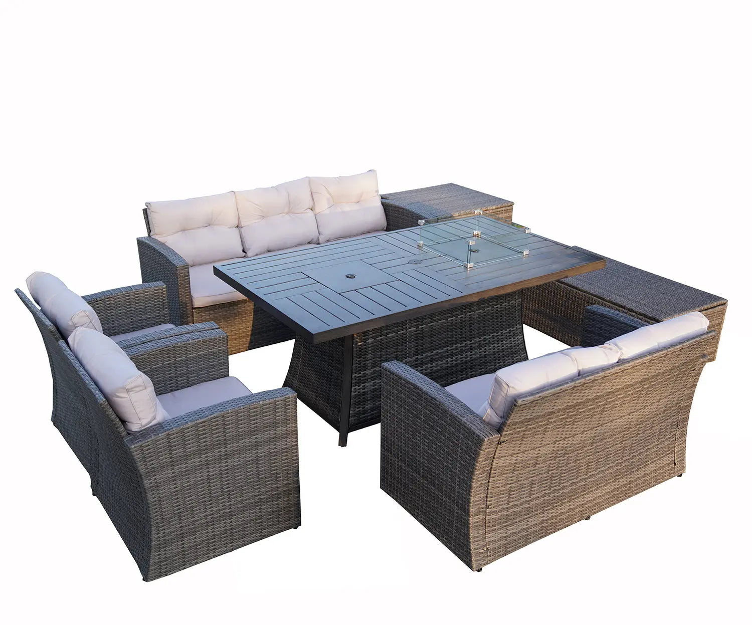 Seven Piece Gray Wicker Upholstered Cushions Sectional Seating Group With Fire Pit And Table Homeroots Outdoor