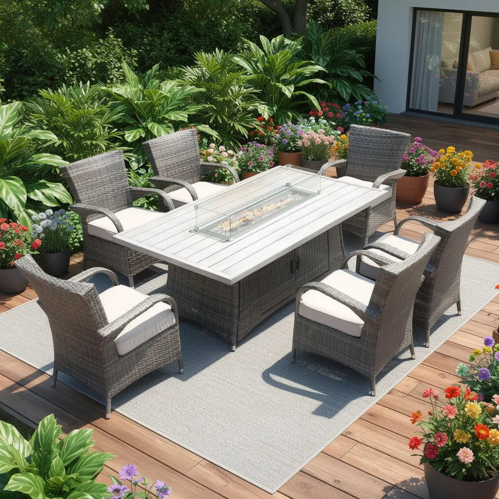 Seven Piece Gray and Beige Wicker Multiple Chairs Seating Group With Fire Pit And Table Homeroots Outdoor