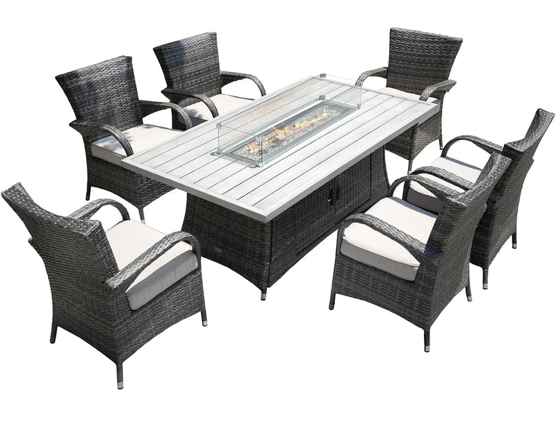 Seven Piece Gray and Beige Wicker Multiple Chairs Seating Group With Fire Pit And Table Homeroots Outdoor