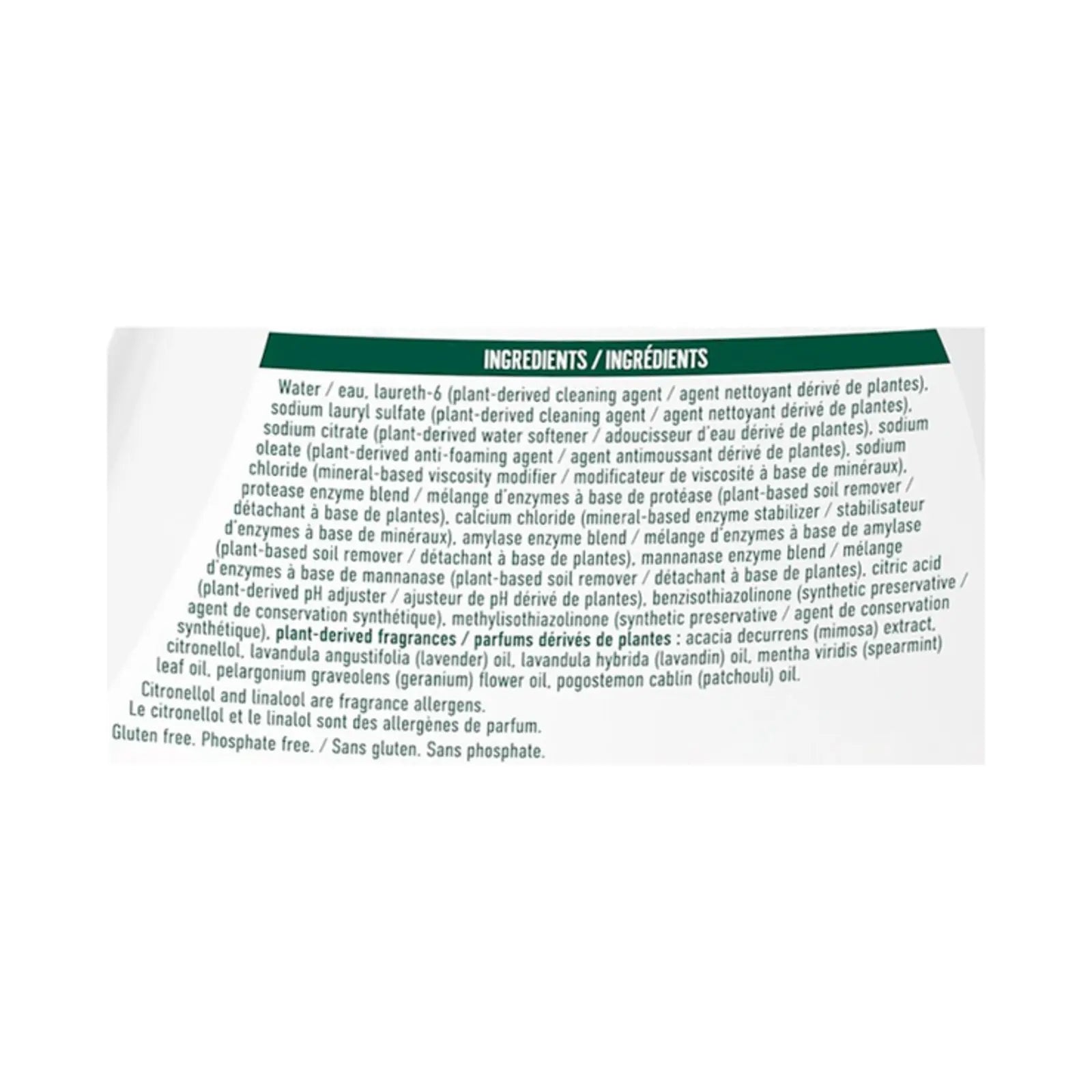 Ingredients list for plant-based cleaning agent, featuring water, sodium lauryl sulfate, and natural extracts, 100% gluten-free.