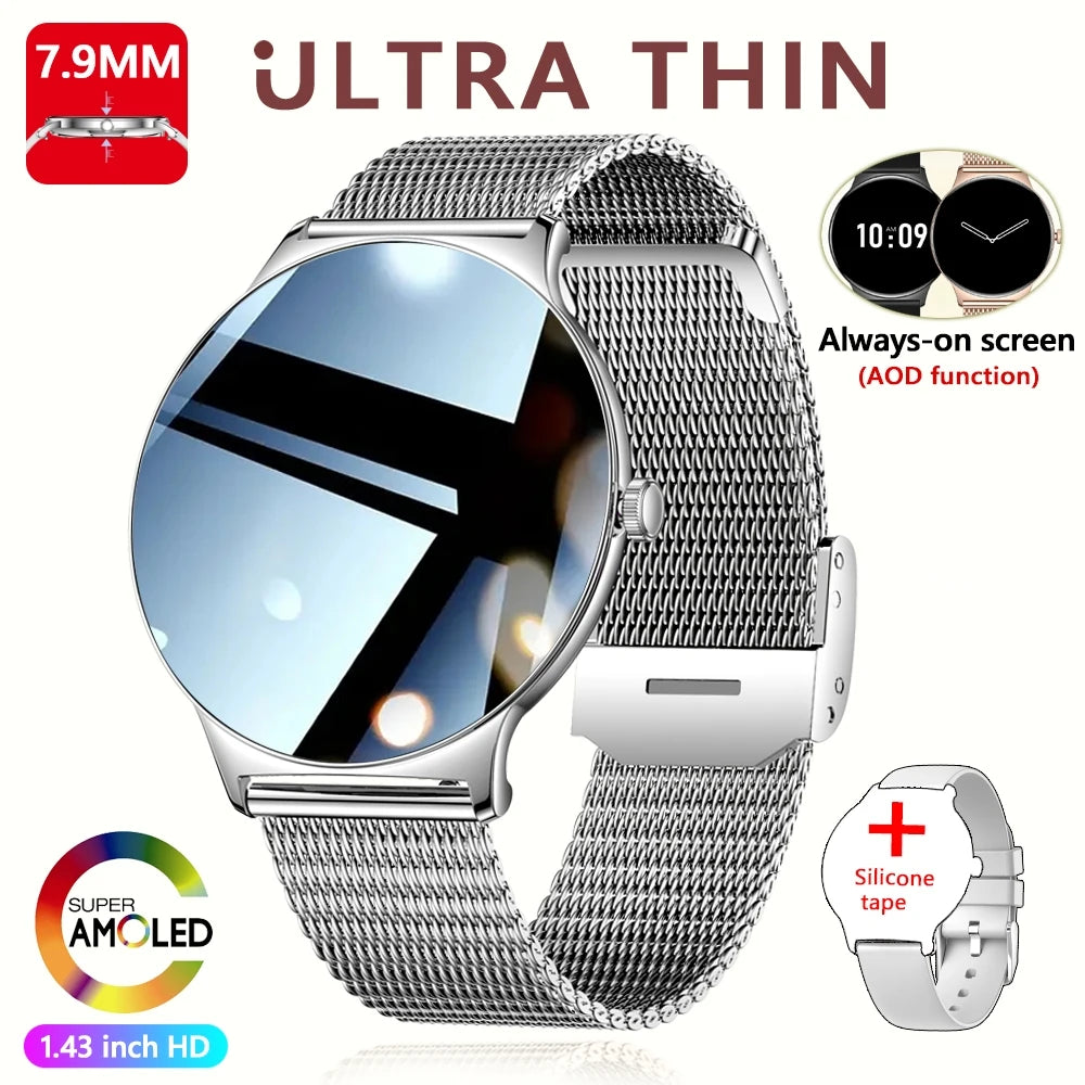 For Huawei New Ultra Slim AMOLED Smart Watch Women Screen Always Display Time Heart Rate BT Calling High-end Fashion Smartwatch Silver net