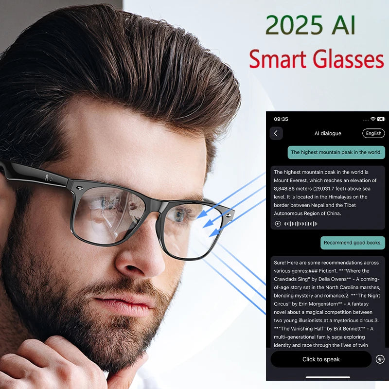 high-tech AI smart glasses can be equipped with various lenses such as sunglasses, blue light, myopia, Men women smart glasses